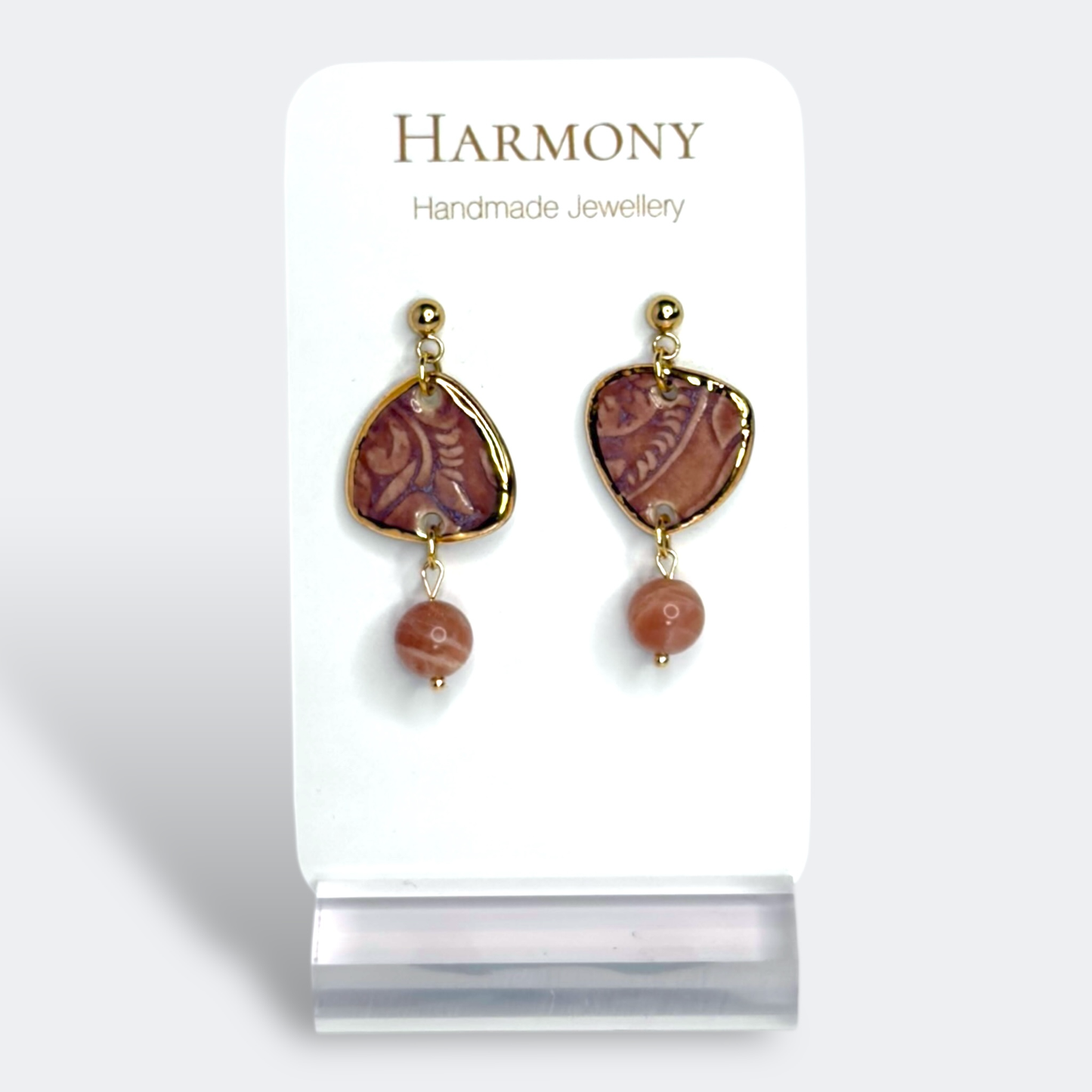 Lavender Mist ceramic earrings with gold rim, handmade by Harmony Pottery Melbourne