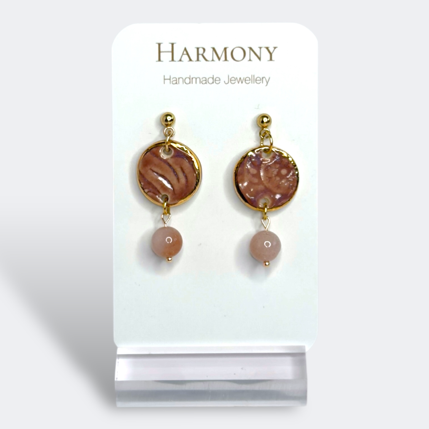 Lavender Mist ceramic earrings with gold rim, handmade by Harmony Pottery Melbourne