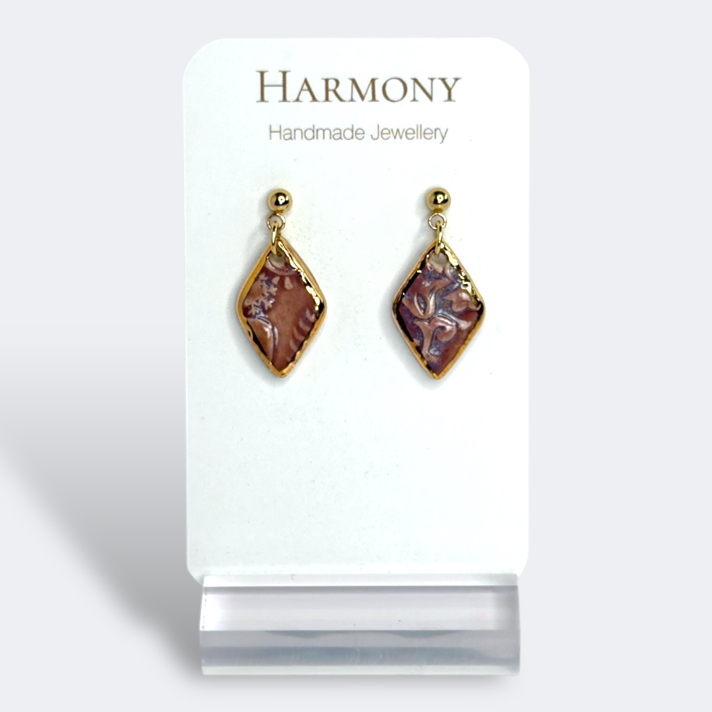 Lavender Mist ceramic earrings with gold rim, handmade by Harmony Pottery Melbourne