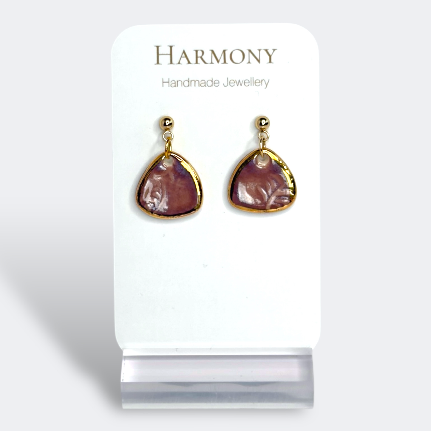 Lavender Mist ceramic earrings with gold rim, handmade by Harmony Pottery Melbourne