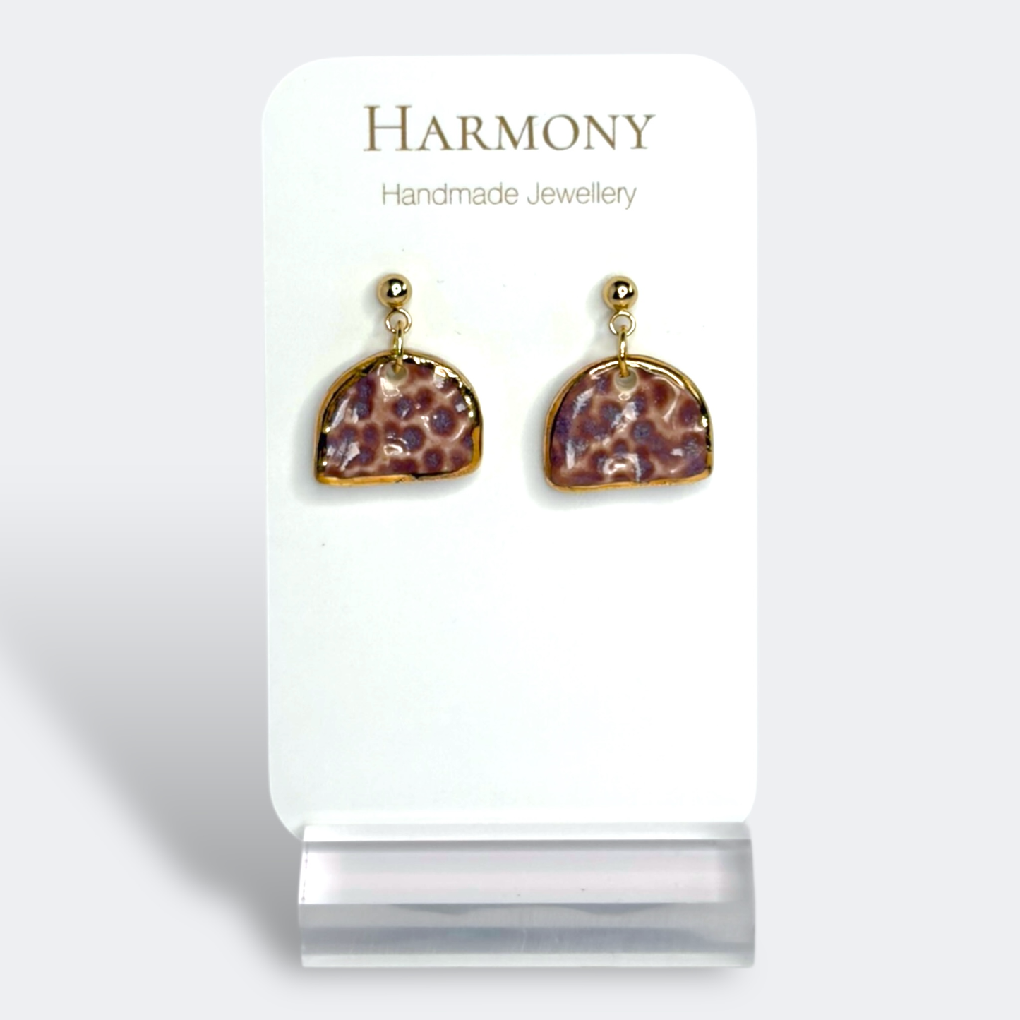 Lavender Mist ceramic earrings with gold rim, handmade by Harmony Pottery Melbourne