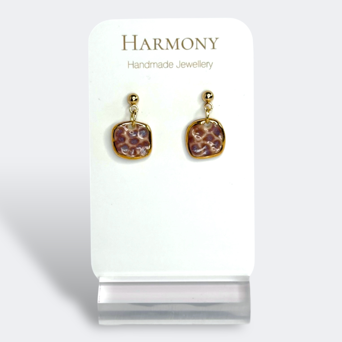 Lavender Mist ceramic earrings with gold rim, handmade by Harmony Pottery Melbourne