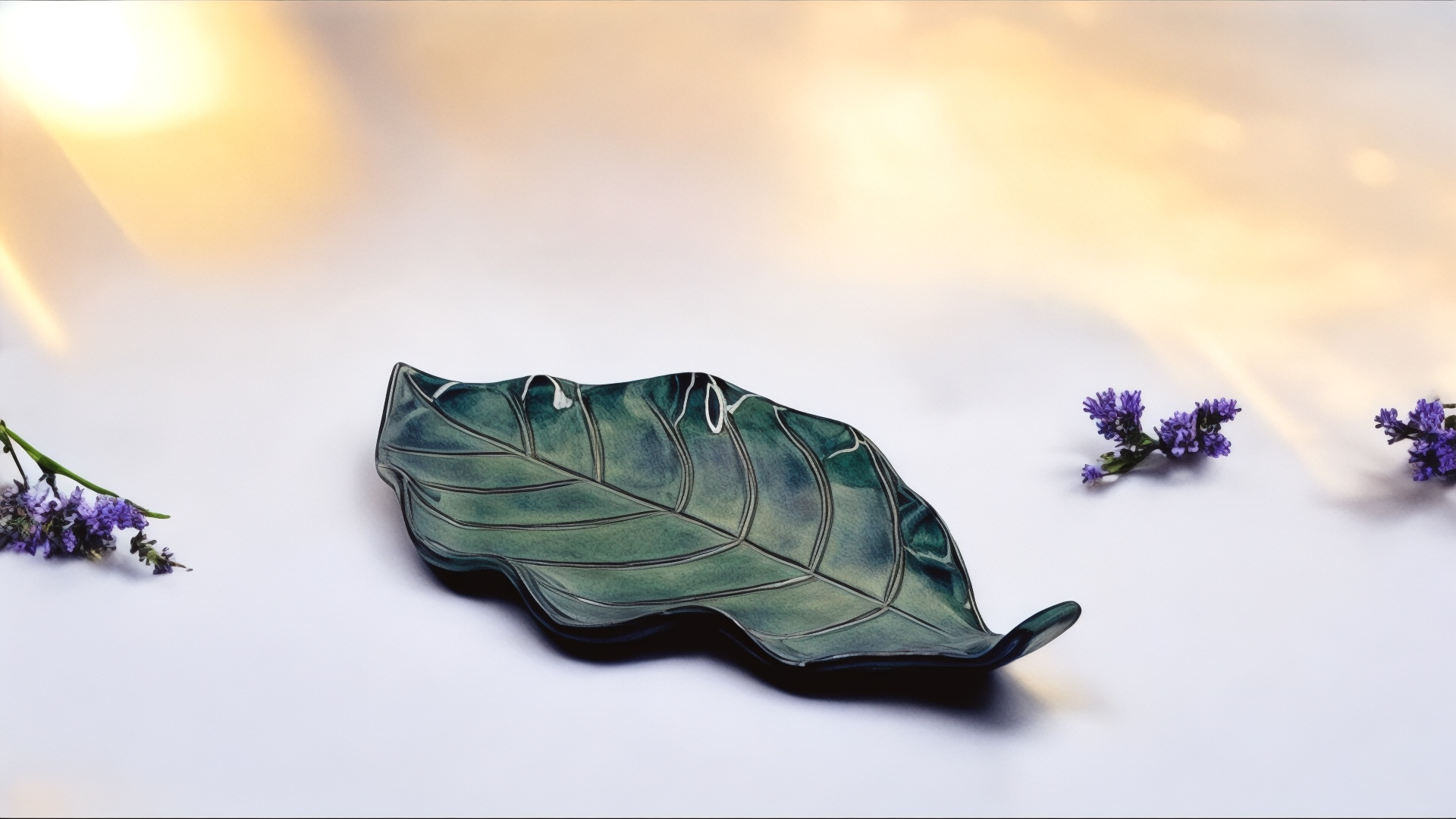 Handmade ceramic leaf-shaped dish in deep green glaze with organic veins, inspired by nature. Perfect for jewelry, trinkets, or serving small treats.