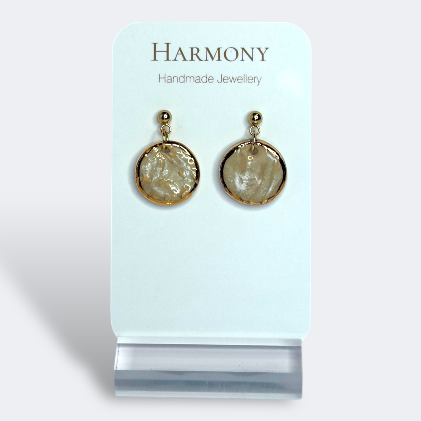 Nude Dusk ceramic earrings with gold rim, handmade by Harmony Pottery Melbourne