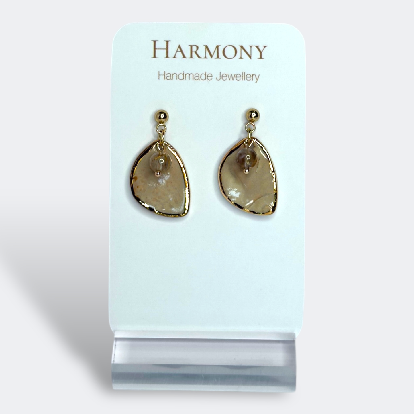Nude Dusk ceramic earrings with gold rim, handmade by Harmony Pottery Melbourne