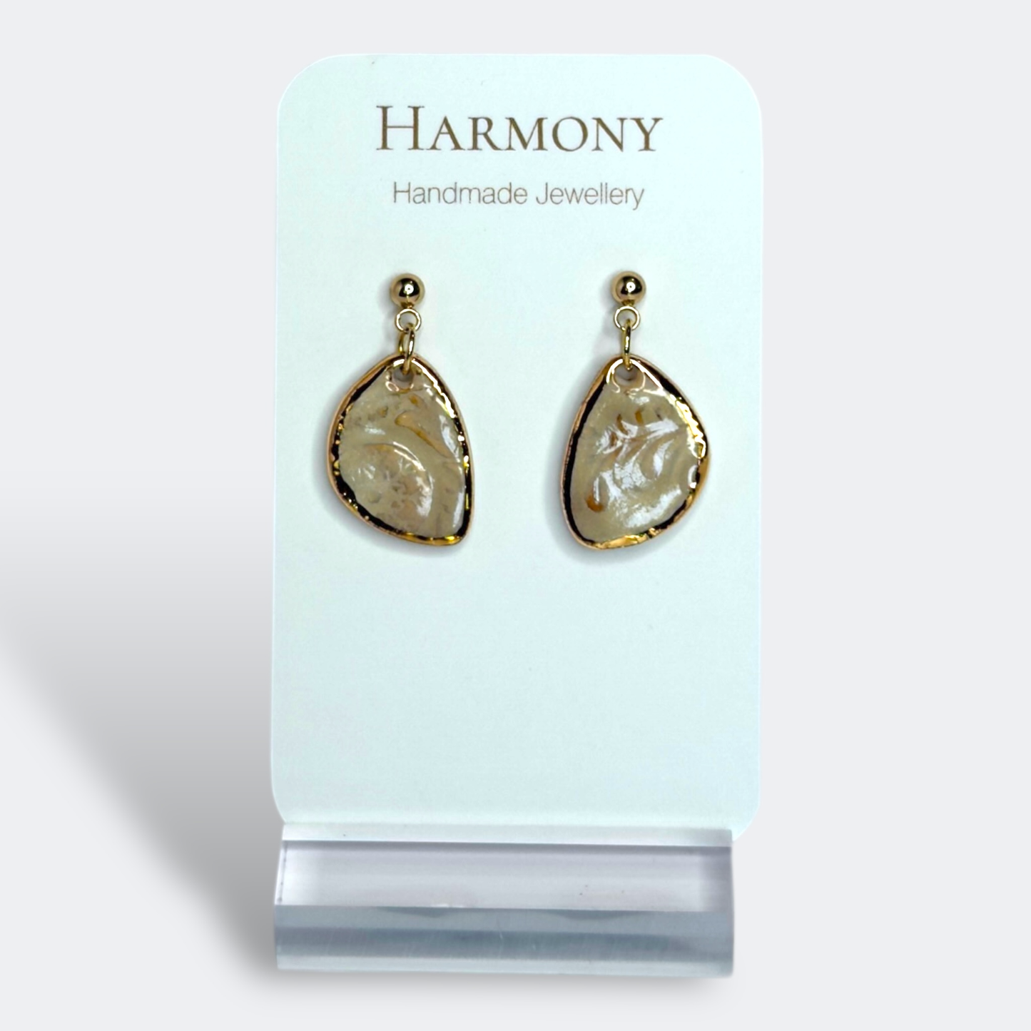 Nude Dusk ceramic earrings with gold rim, handmade by Harmony Pottery Melbourne