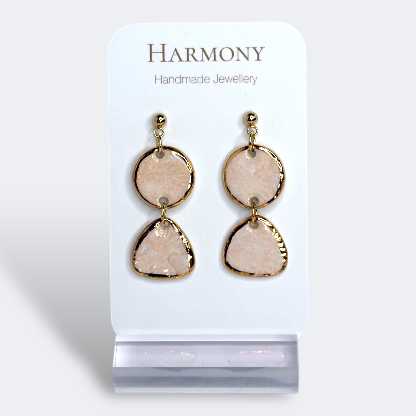 Blush Pink ceramic earrings with gold rim, handmade by Harmony Pottery Melbourne