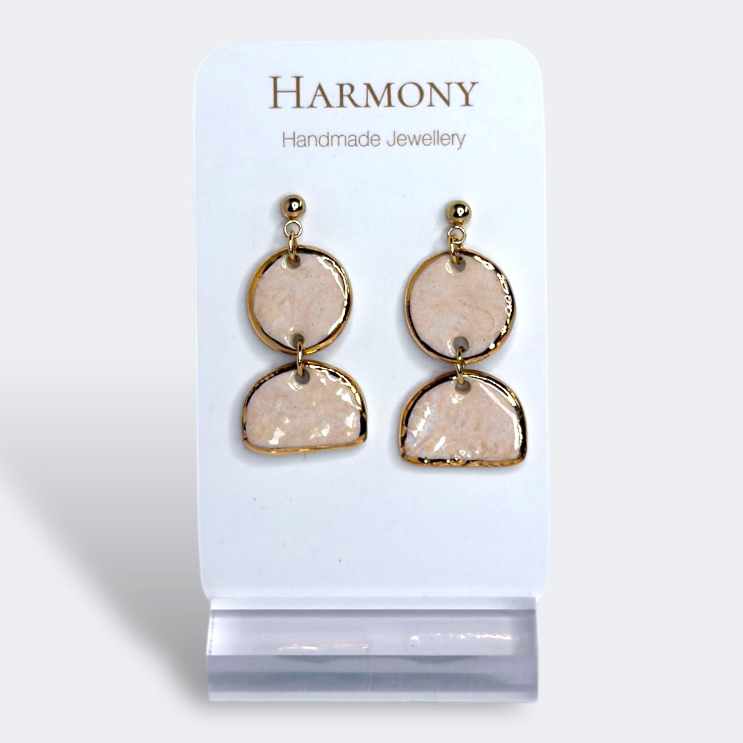 Blush Pink ceramic earrings with gold rim, handmade by Harmony Pottery Melbourne