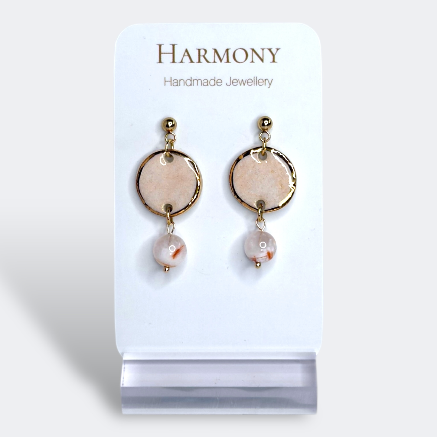 Blush Pink ceramic earrings with gold rim, handmade by Harmony Pottery Melbourne