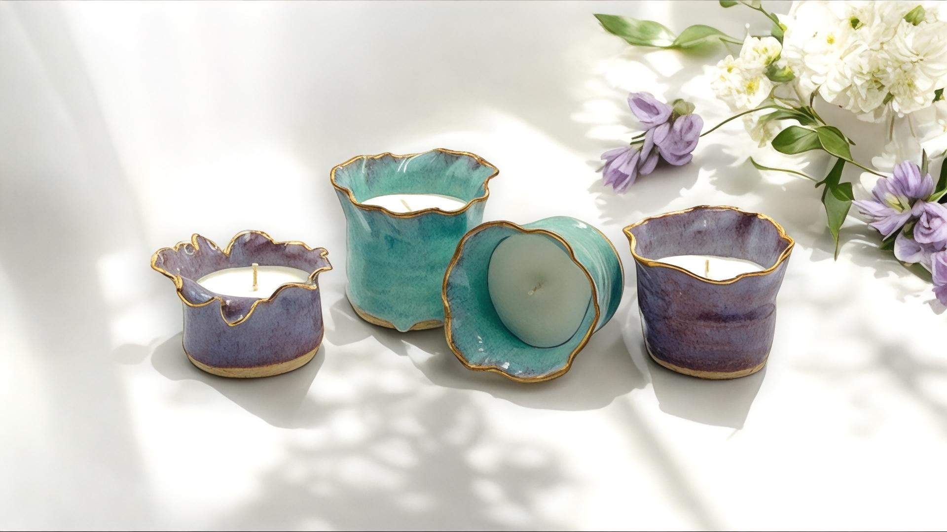 Handmade ceramic candle holders with gold-rimmed edges, filled with scented soy/bee wax. Featuring elegant organic shapes in turquoise and lavender hues, displayed in soft natural light with floral accents.