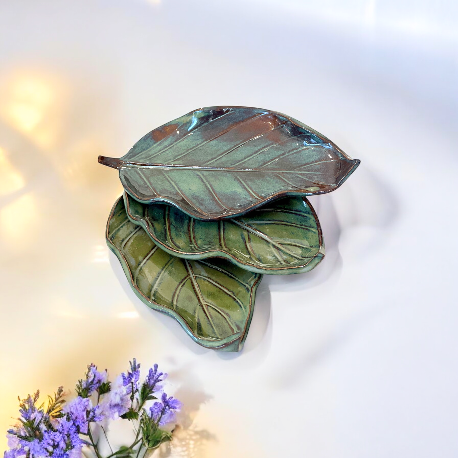 Set of haHandmade ceramic leaf dish, multifunctional jewelry holder, dip tray, or decorative home accent, artisan pottery from Melbourne Australia.