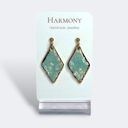 Blue-green ceramic earrings with gold rim, handmade by Harmony Pottery Melbourne