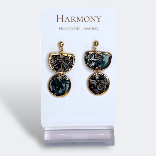Midnight Teal Arc and Circle Ceramic Drop Earrings