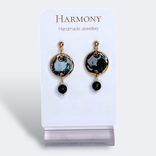 Midnight Teal Circle and Stone Ceramic Drop Earrings