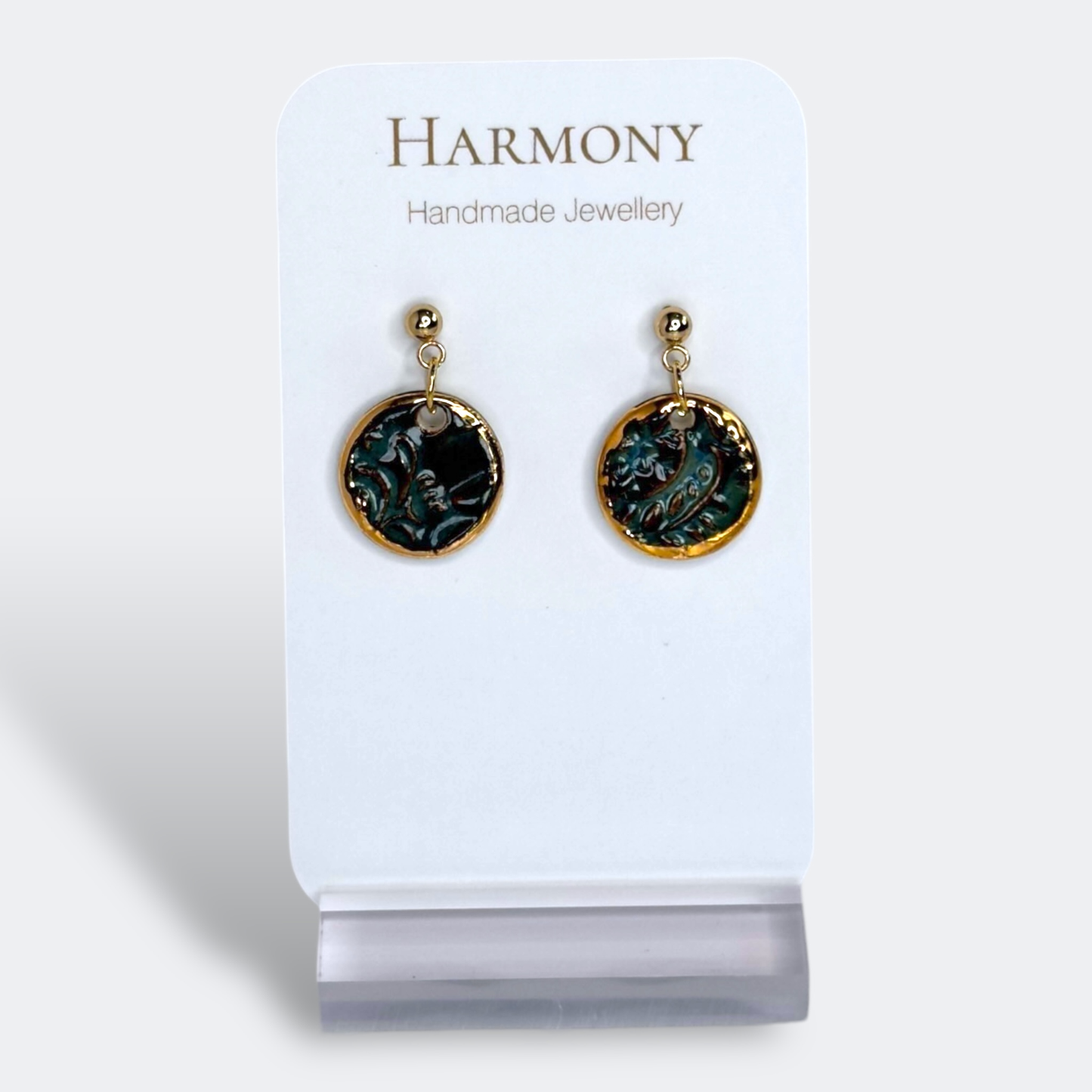 Midnight Teal Small Round Ceramic Drop Earrings