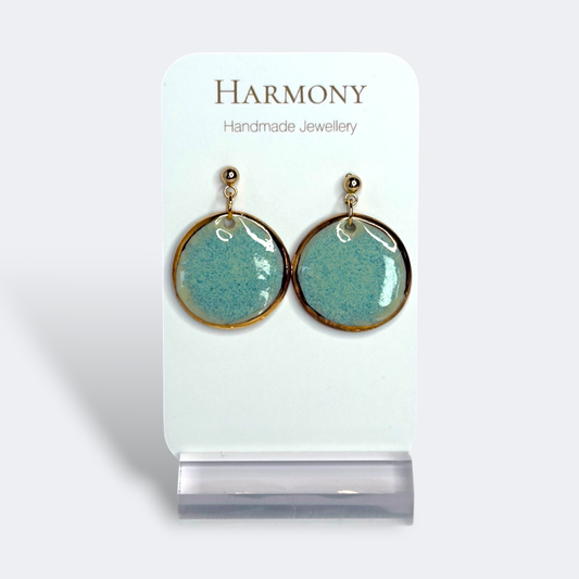 Blue-green ceramic earrings with gold rim, handmade by Harmony Pottery Melbourne