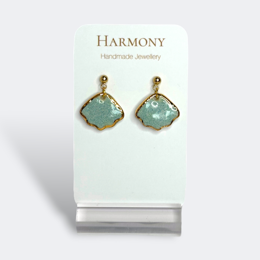 Blue-green ceramic earrings with gold rim, handmade by Harmony Pottery Melbourne