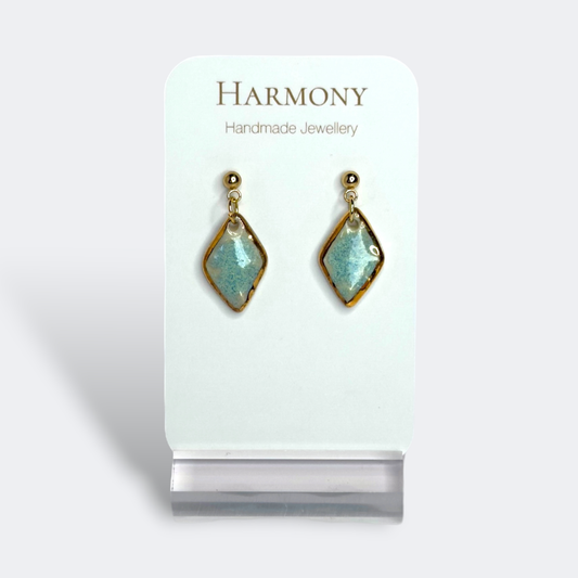 Blue-green ceramic earrings with gold rim, handmade by Harmony Pottery Melbourne