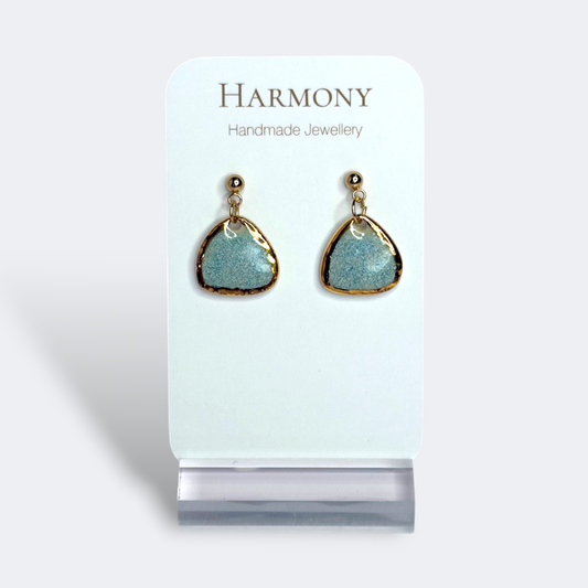 Blue-green ceramic earrings with gold rim, handmade by Harmony Pottery Melbourne
