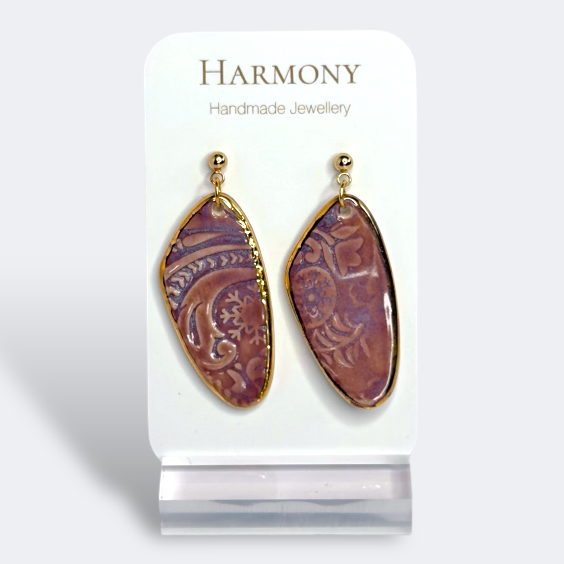 Lavender Mist ceramic earrings with gold rim, handmade by Harmony Pottery Melbourne