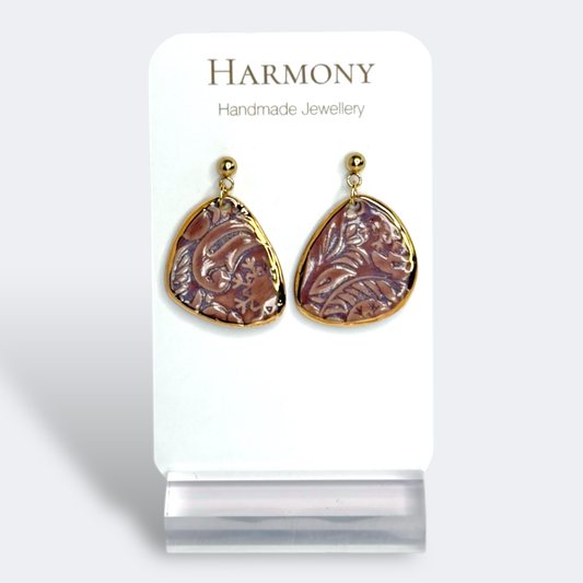 Lavender Mist ceramic earrings with gold rim, handmade by Harmony Pottery Melbourne