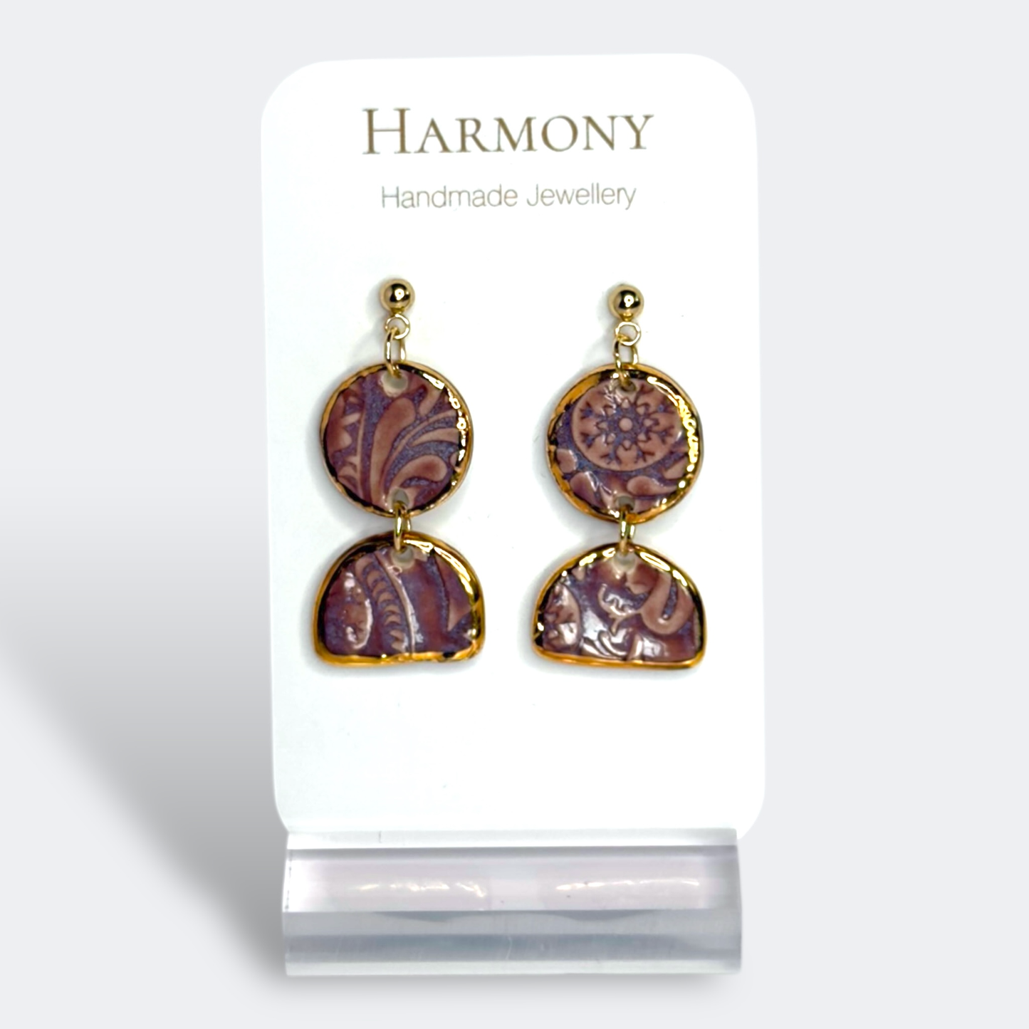 Lavender Mist ceramic earrings with gold rim, handmade by Harmony Pottery Melbourne