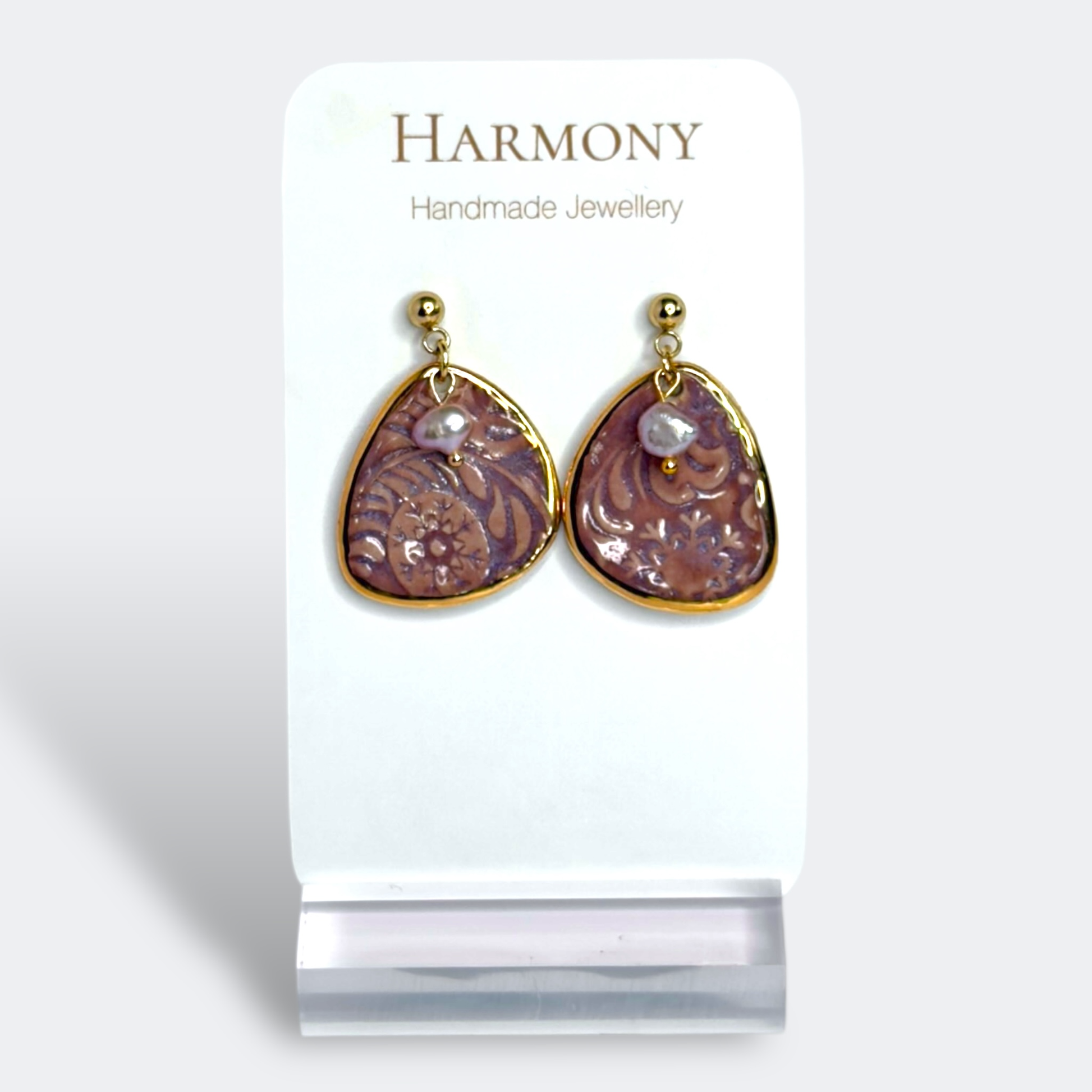 Lavender Mist ceramic earrings with gold rim, handmade by Harmony Pottery Melbourne