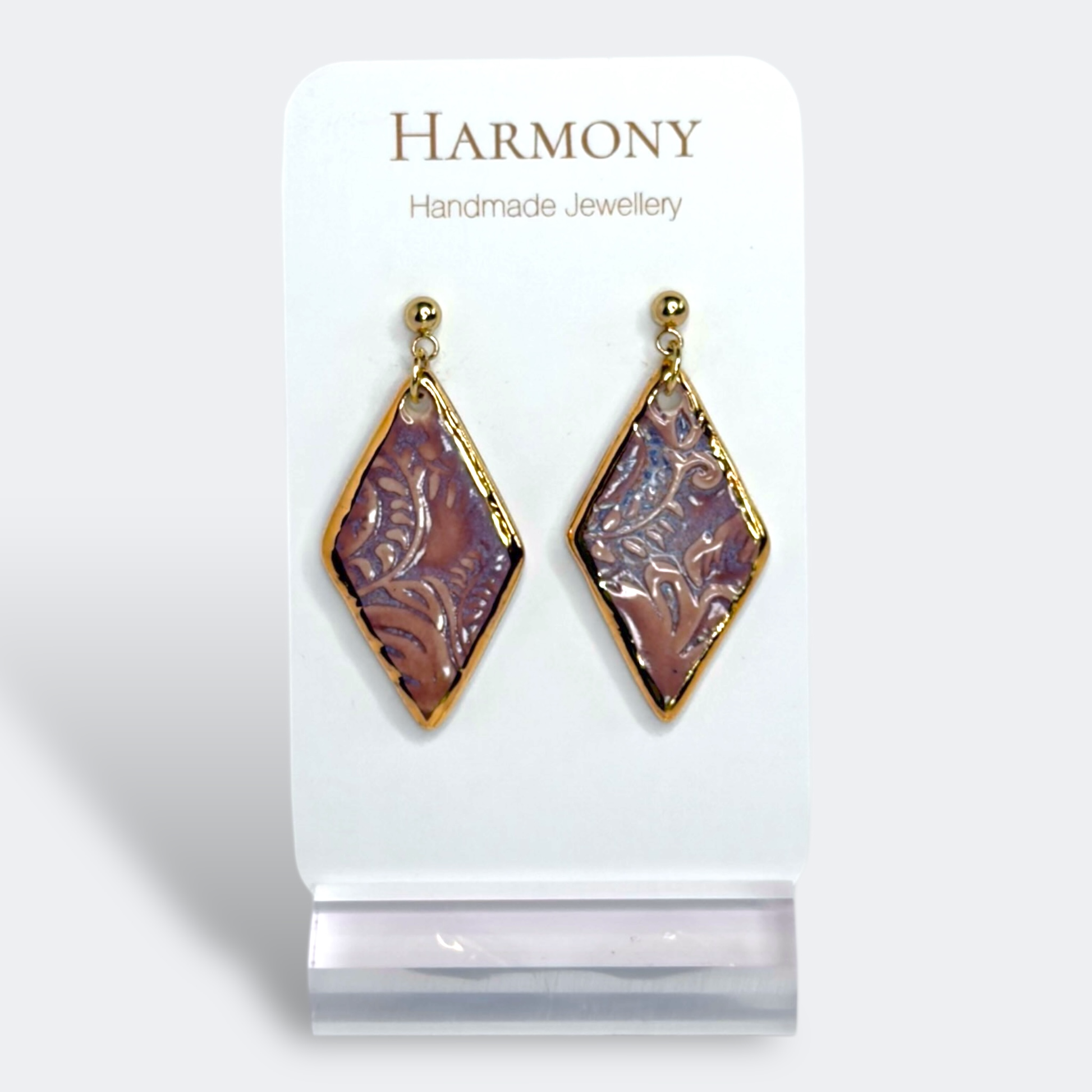 Lavender Mist ceramic earrings with gold rim, handmade by Harmony Pottery Melbourne