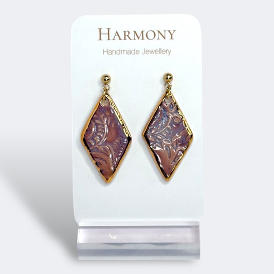 Lavender Mist ceramic earrings with gold rim, handmade by Harmony Pottery Melbourne