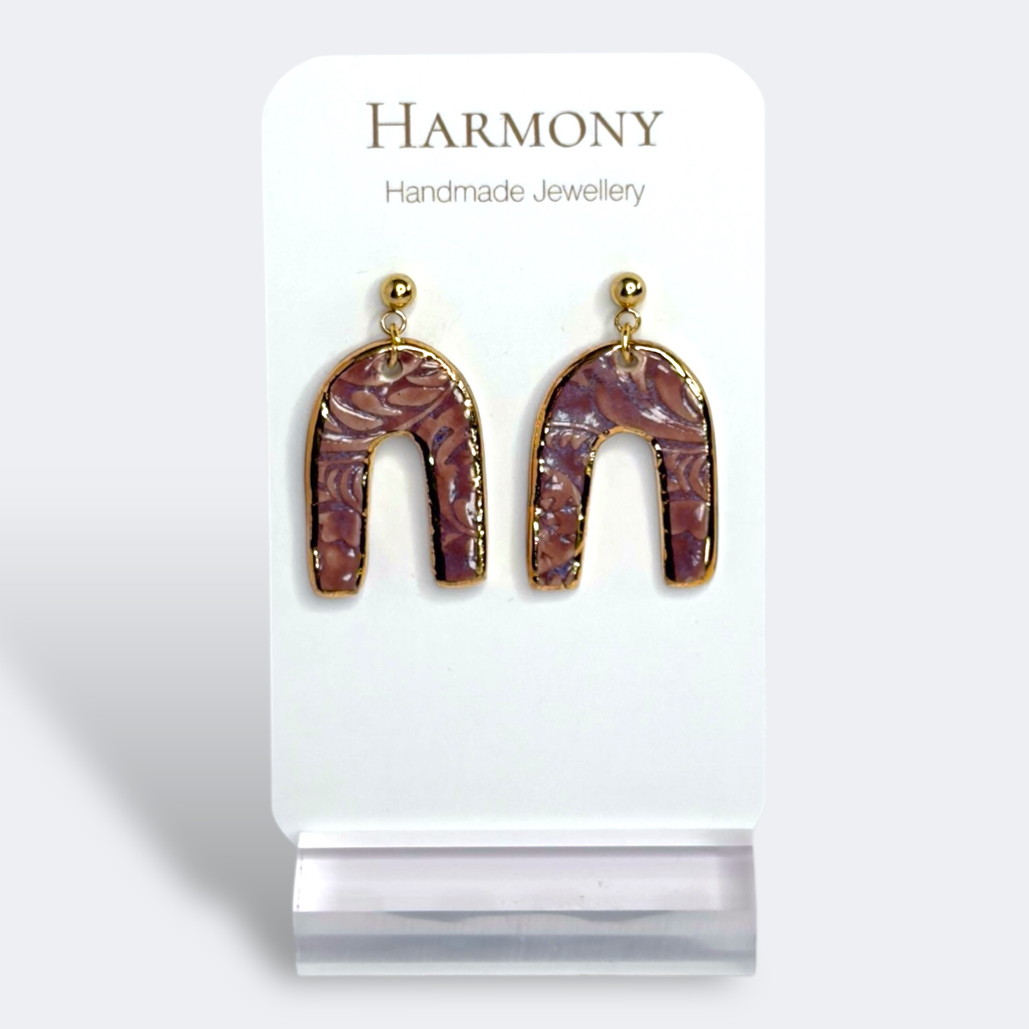 Lavender Mist ceramic earrings with gold rim, handmade by Harmony Pottery Melbourne