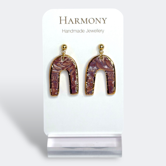 Lavender Mist ceramic earrings with gold rim, handmade by Harmony Pottery Melbourne