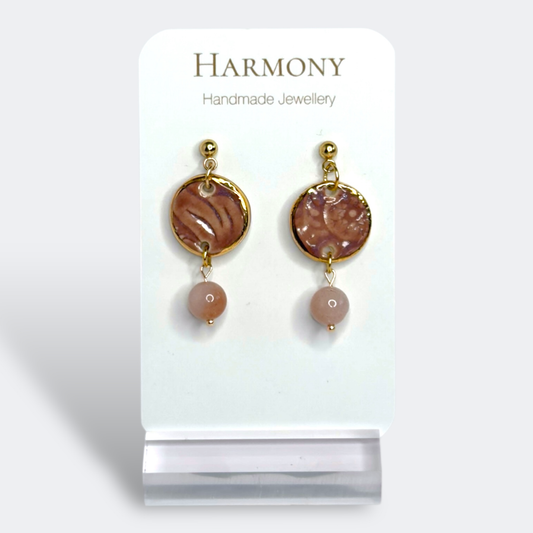 Lavender Mist ceramic earrings with gold rim, handmade by Harmony Pottery Melbourne