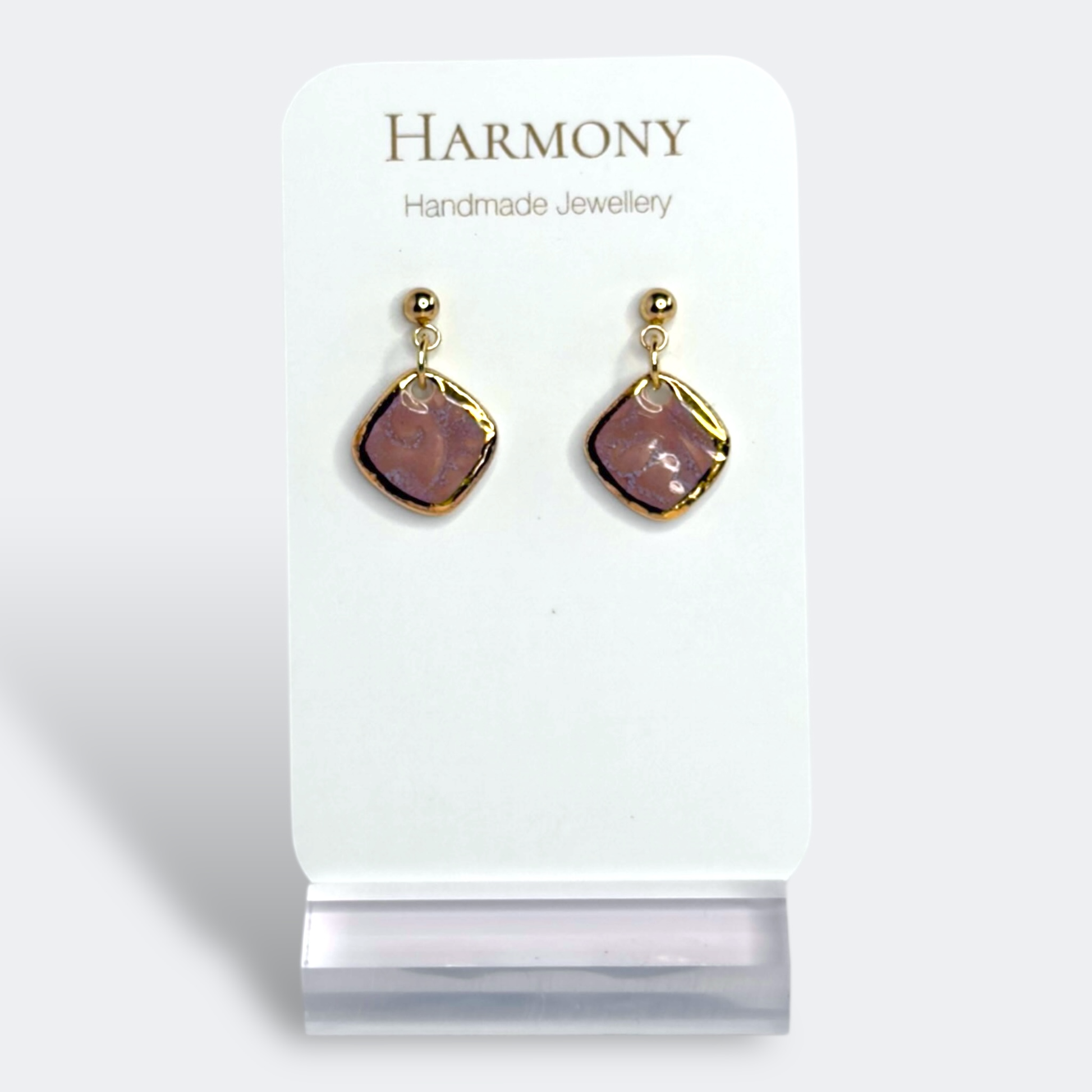 Lavender Mist ceramic earrings with gold rim, handmade by Harmony Pottery Melbourne