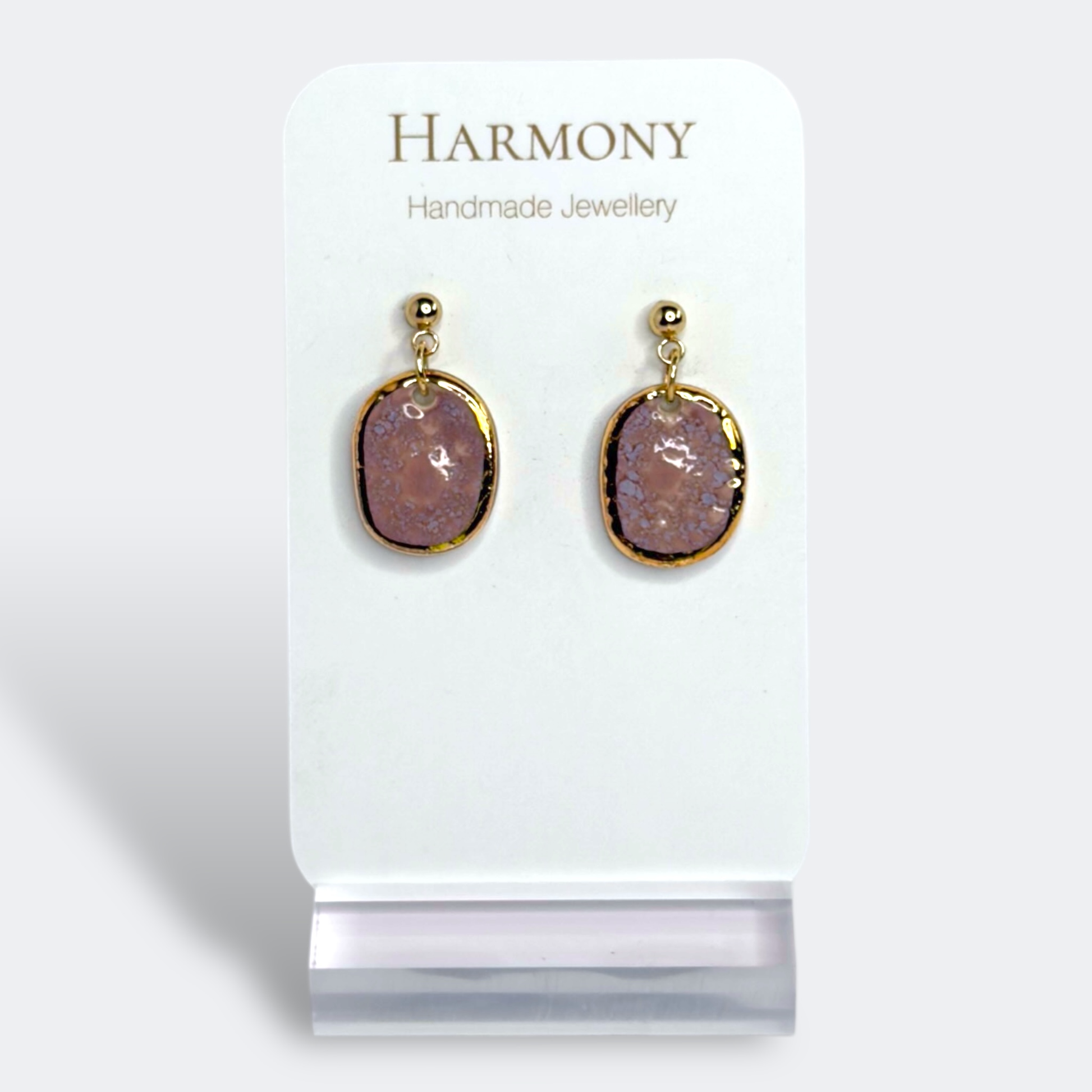 Lavender Mist ceramic earrings with gold rim, handmade by Harmony Pottery Melbourne