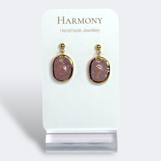 Lavender Mist ceramic earrings with gold rim, handmade by Harmony Pottery Melbourne