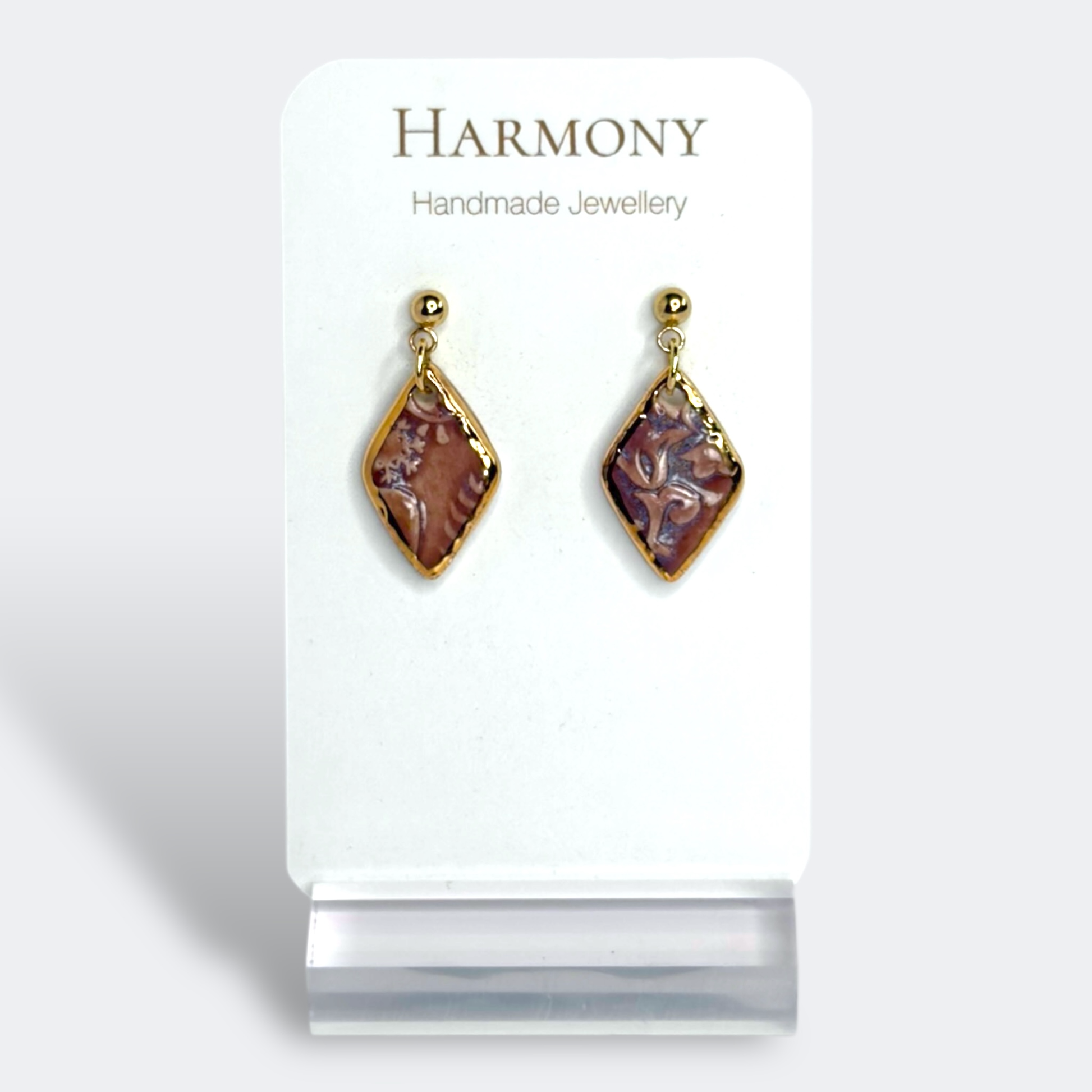 Lavender Mist ceramic earrings with gold rim, handmade by Harmony Pottery Melbourne