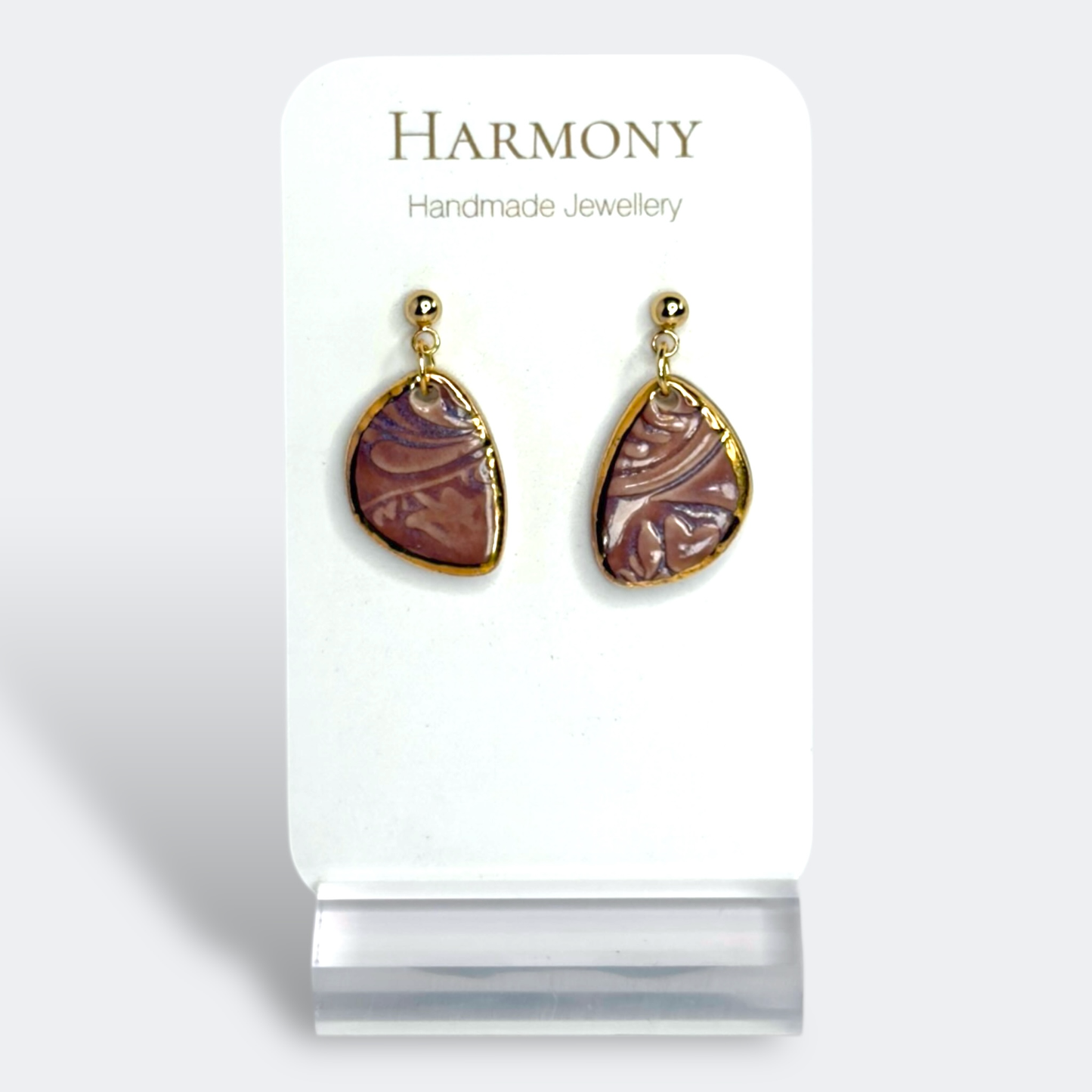 Lavender Mist ceramic earrings with gold rim, handmade by Harmony Pottery Melbourne