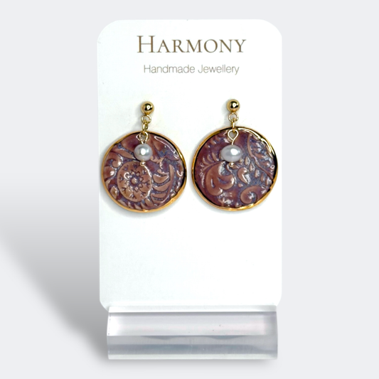 Lavender Mist ceramic earrings with gold rim, handmade by Harmony Pottery Melbourne