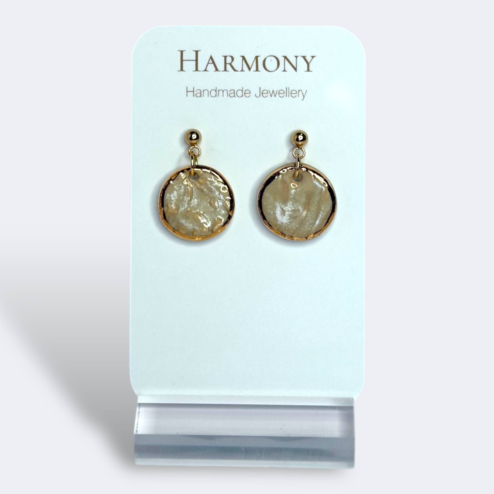 Nude Dusk ceramic earrings with gold rim, handmade by Harmony Pottery Melbourne