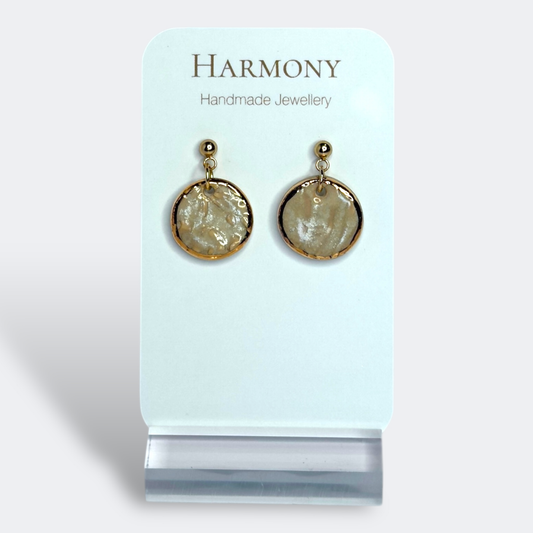 Nude Dusk ceramic earrings with gold rim, handmade by Harmony Pottery Melbourne