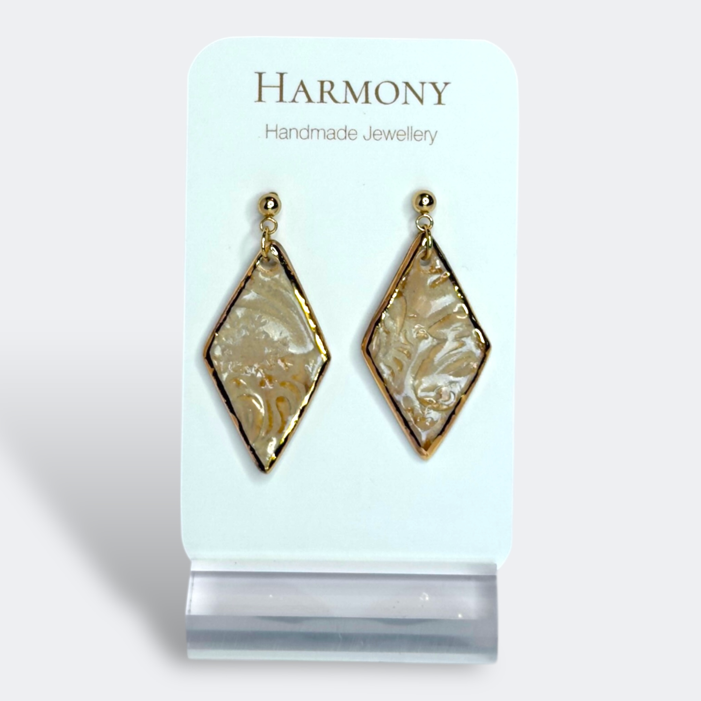 Nude Dusk ceramic earrings with gold rim, handmade by Harmony Pottery Melbourne