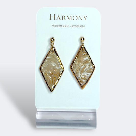 Nude Dusk ceramic earrings with gold rim, handmade by Harmony Pottery Melbourne