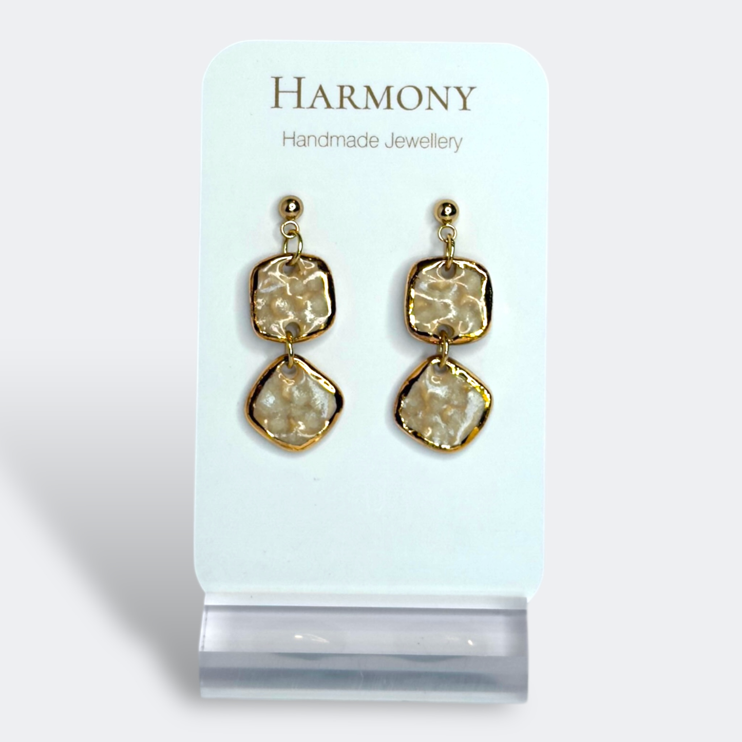 Nude Dusk ceramic earrings with gold rim, handmade by Harmony Pottery Melbourne