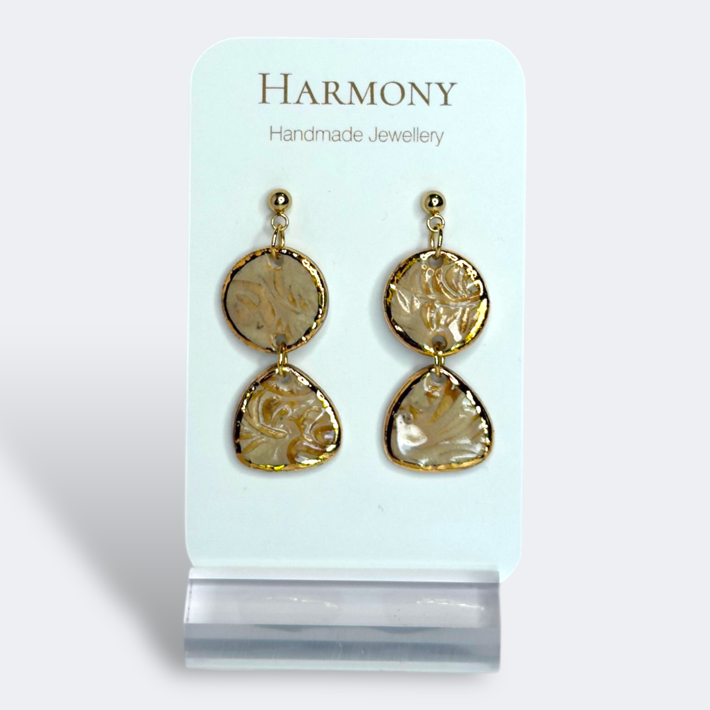 Nude Dusk ceramic earrings with gold rim, handmade by Harmony Pottery Melbourne