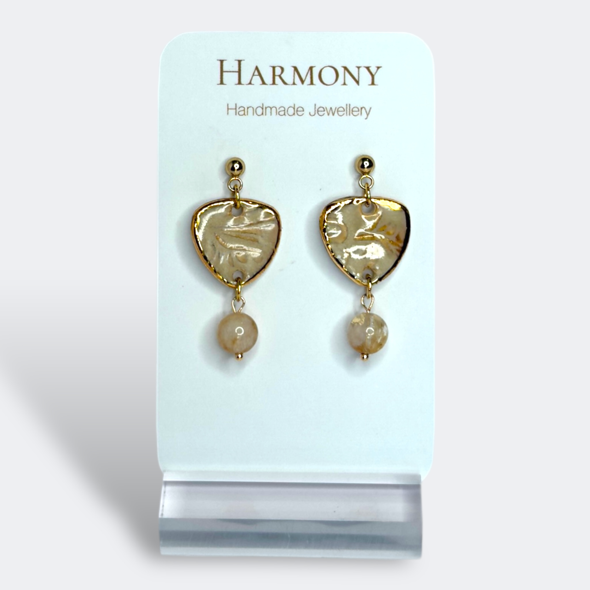 Nude Dusk ceramic earrings with gold rim, handmade by Harmony Pottery Melbourne