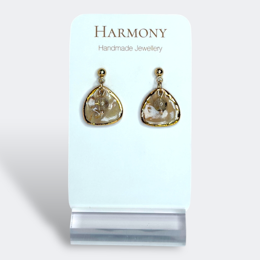 Nude Dusk ceramic earrings with gold rim, handmade by Harmony Pottery Melbourne