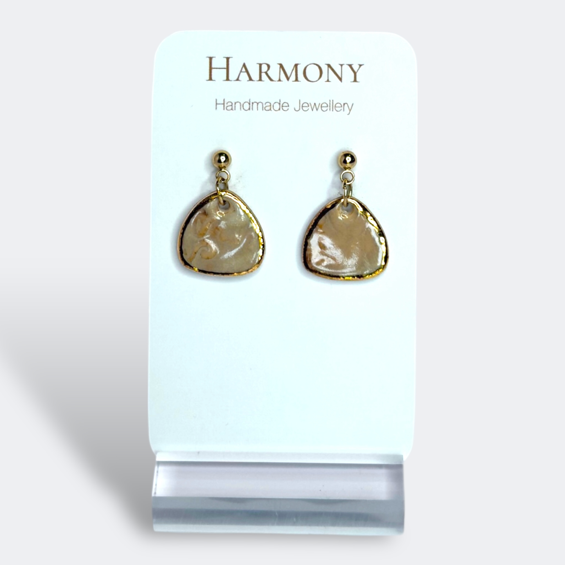 Nude Dusk ceramic earrings with gold rim, handmade by Harmony Pottery Melbourne