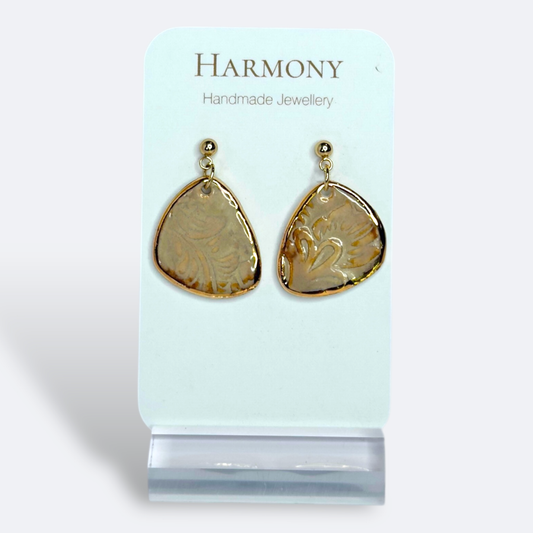 Nude Dusk ceramic earrings with gold rim, handmade by Harmony Pottery Melbourne