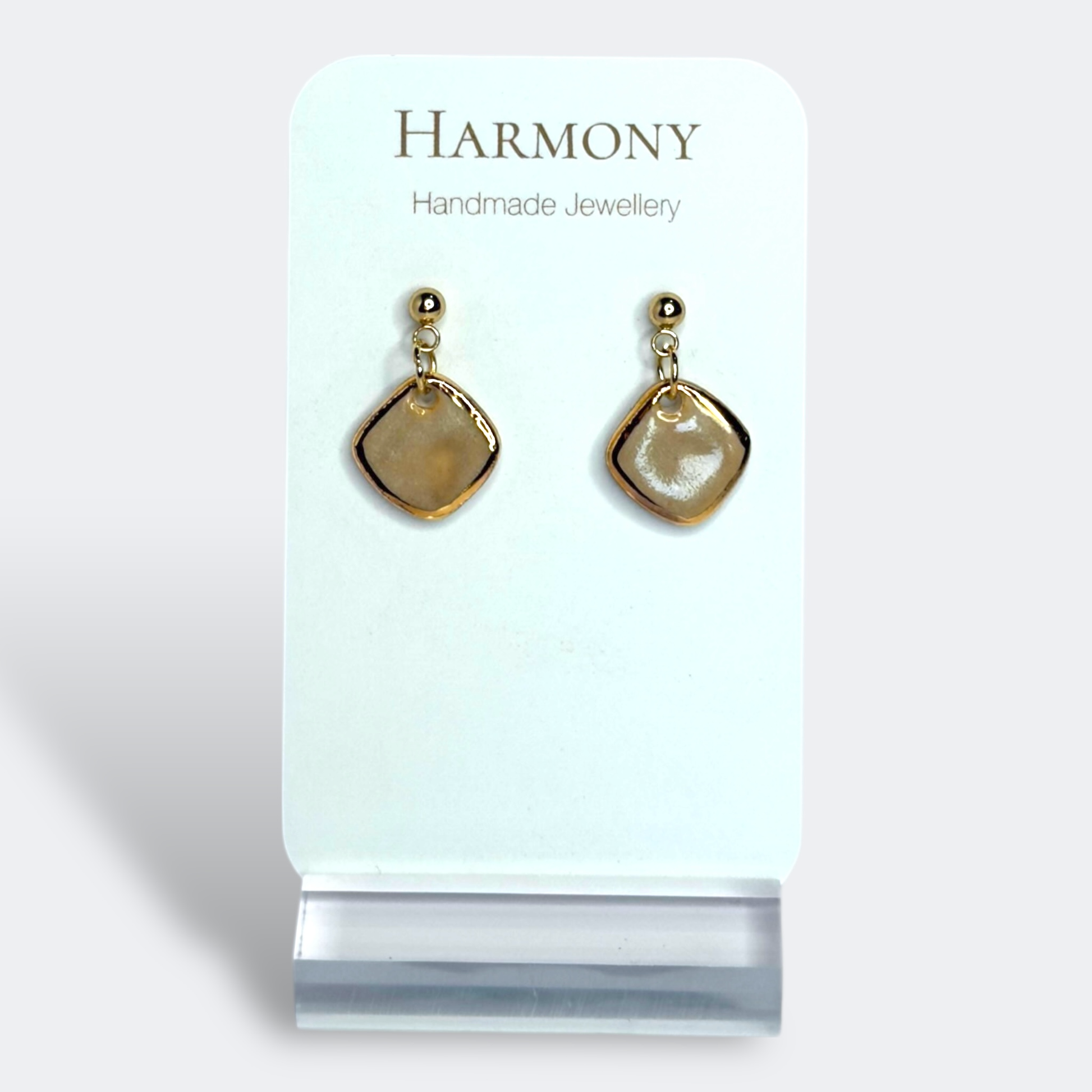 Nude Dusk ceramic earrings with gold rim, handmade by Harmony Pottery Melbourne