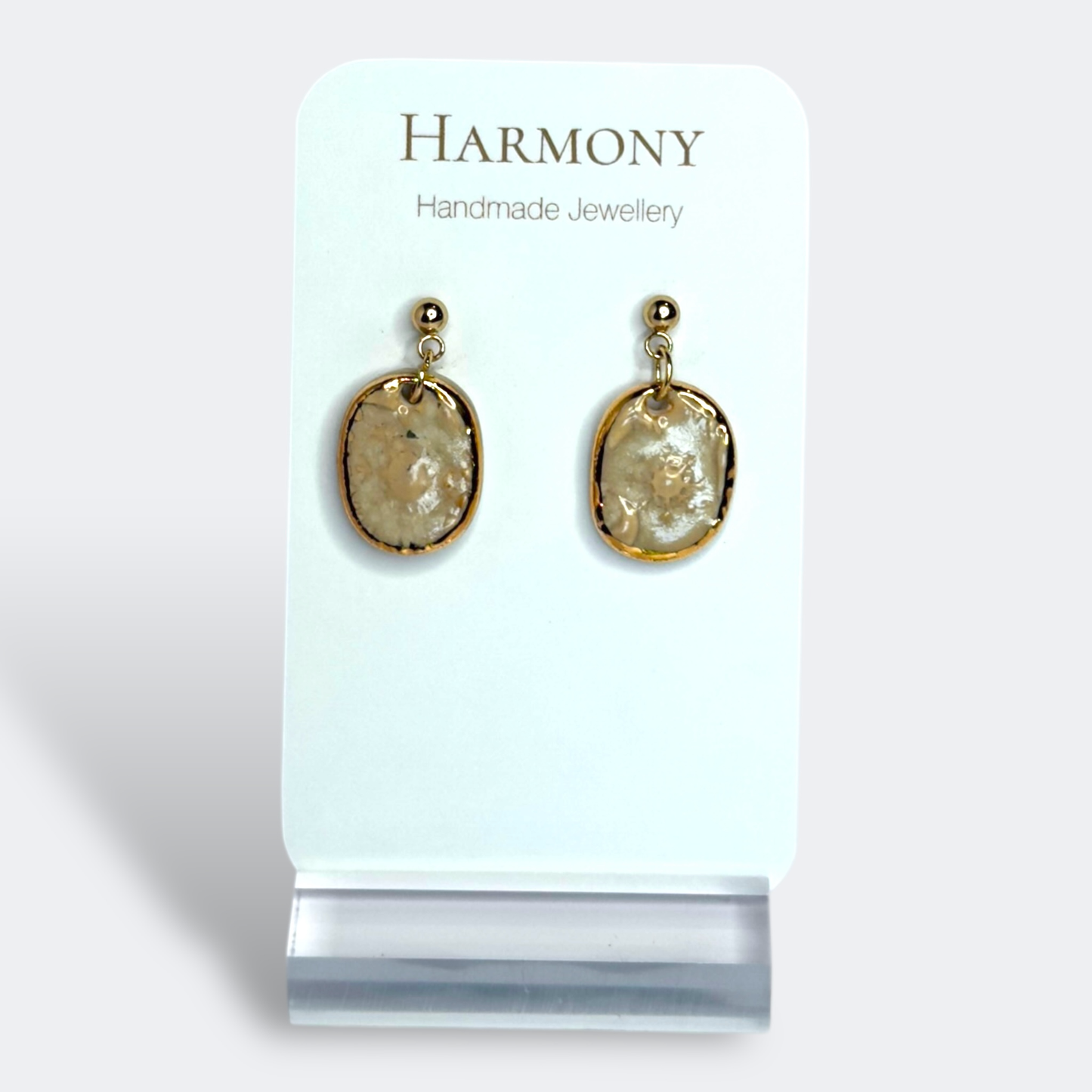 Nude Dusk ceramic earrings with gold rim, handmade by Harmony Pottery Melbourne